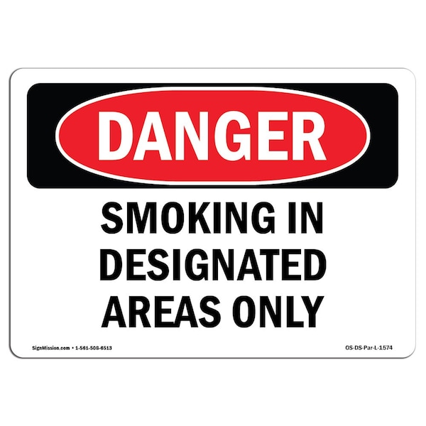 Safety Sign, OSHA Danger, 3.5" Height, Smoking In Designated Areas Only, Landscape, 10PK